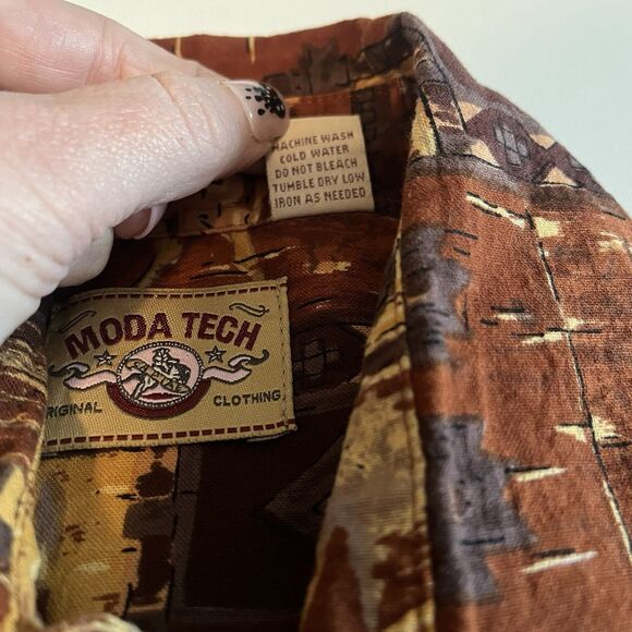 Vintage Moda Tech Western Shirt Red & Tan Horse Print All Over Womens M Cotton - Picture 5 of 12
